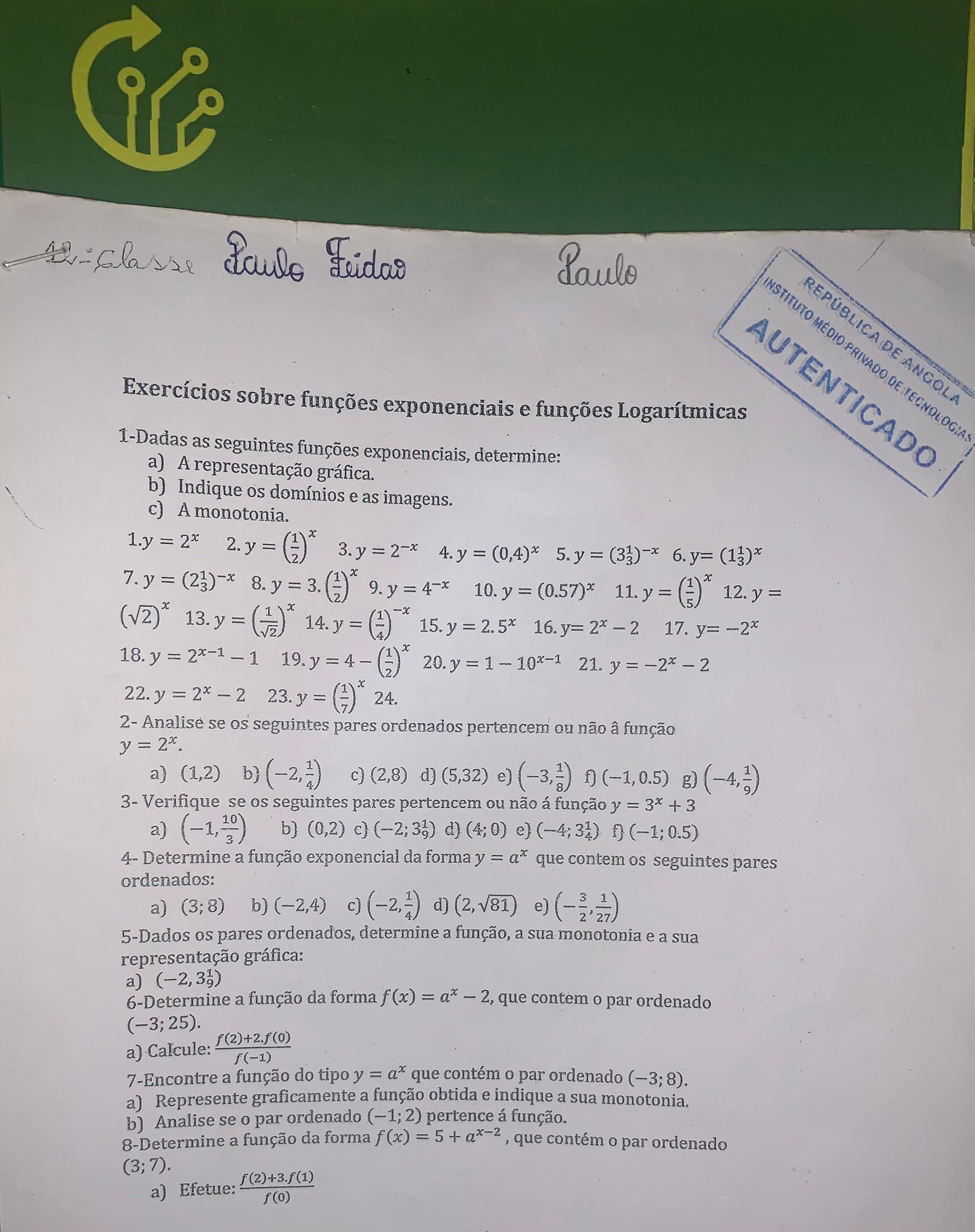 Funções Exponenciais e Logarítmicas Página 1